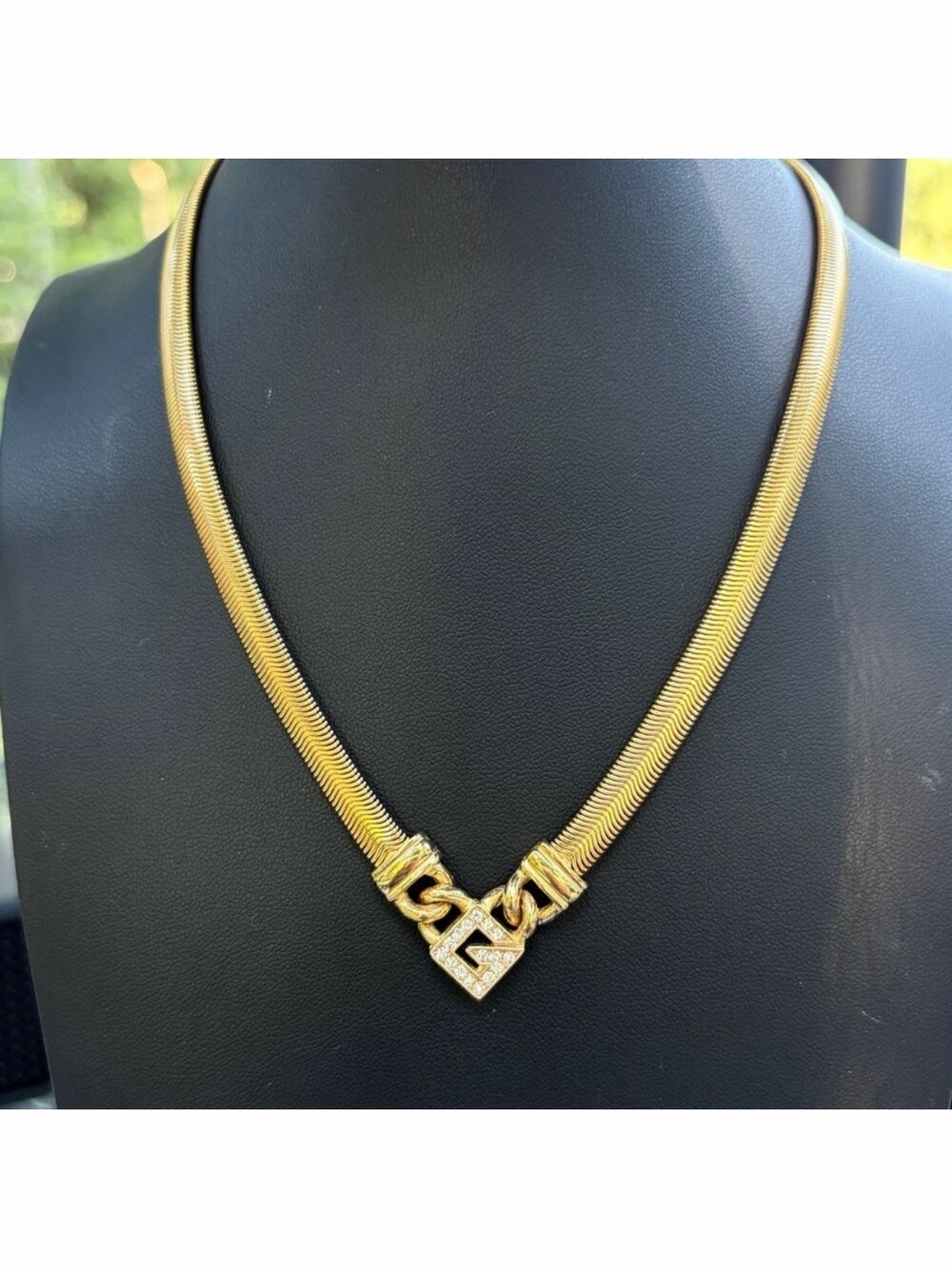 Vintage Givenchy Signed Gold-Tone Snake Chain Necklace w/ Rhinestone Pendant 16"